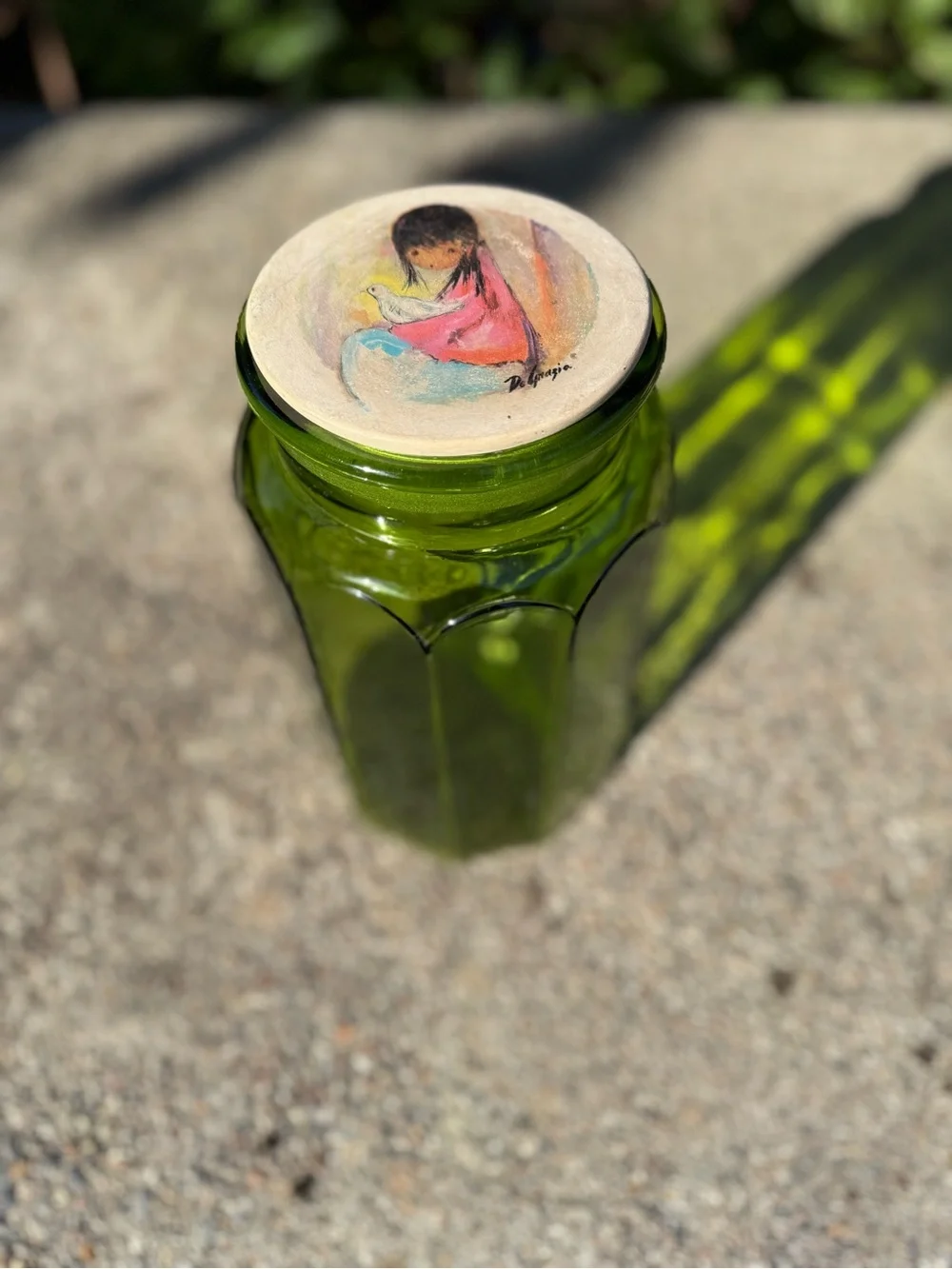 Vintage DeGrazia Hand-Painted Decorative Stone lid and emerald green jar